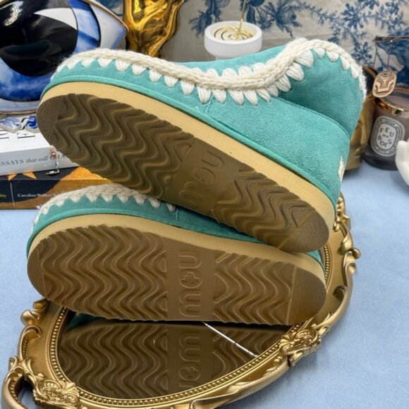 🆕 MOU 🧿 NWT WOB Teal Eskimo Ankle Boot, Cream Crochet Overstitch, Sz EU 35 - Picture 7 of 13